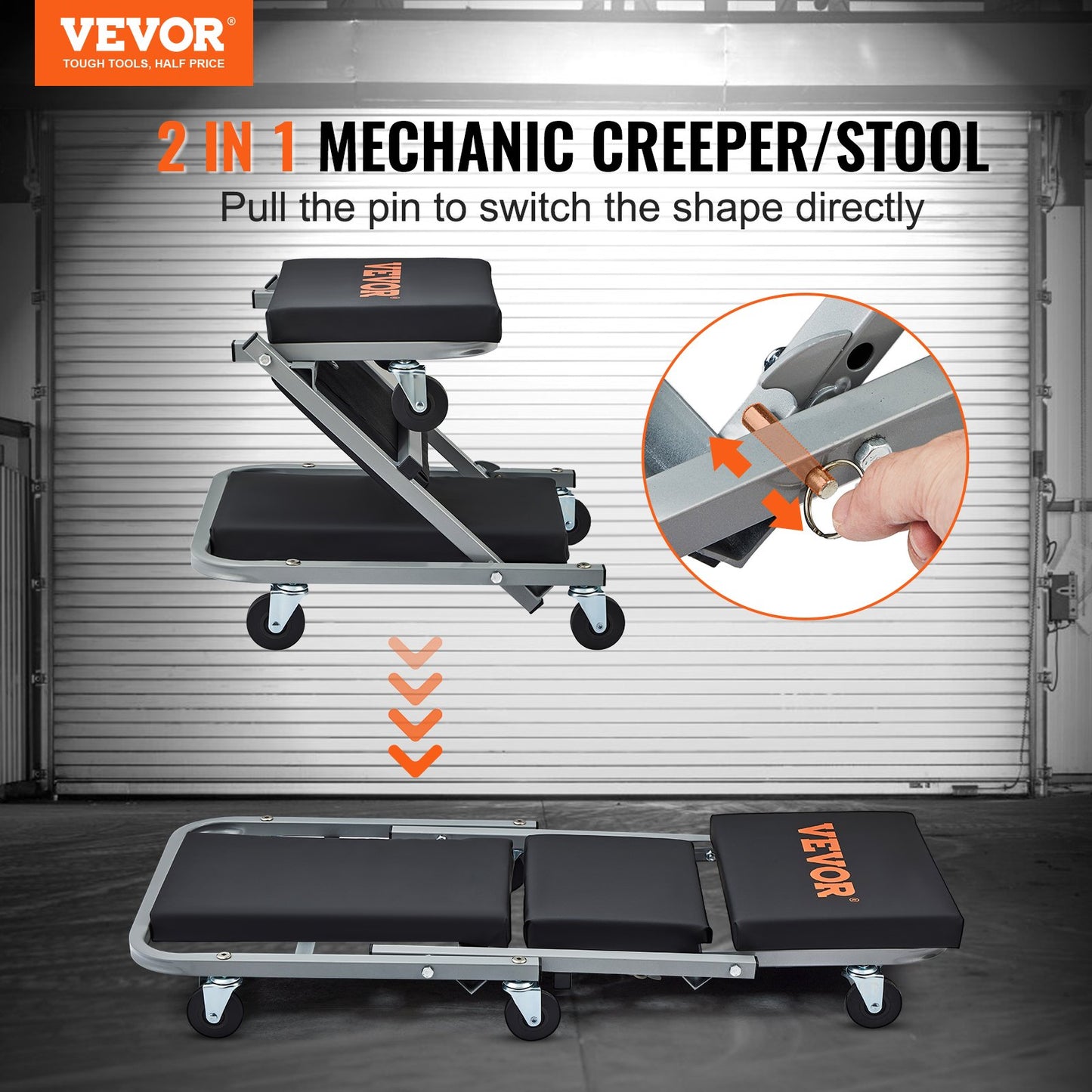 VEVOR Z-Creeper Seat, 2 in 1 Rolling Folding Car Creeper/Stool, 136kgs Capacity