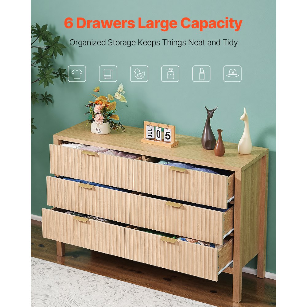 6 Fluted Drawer Dresser Wooden Chest of Drawers with Sliding & Anti-tip