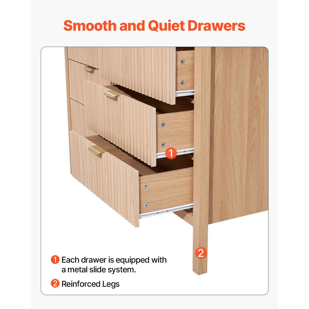 6 Fluted Drawer Dresser Wooden Chest of Drawers with Sliding & Anti-tip