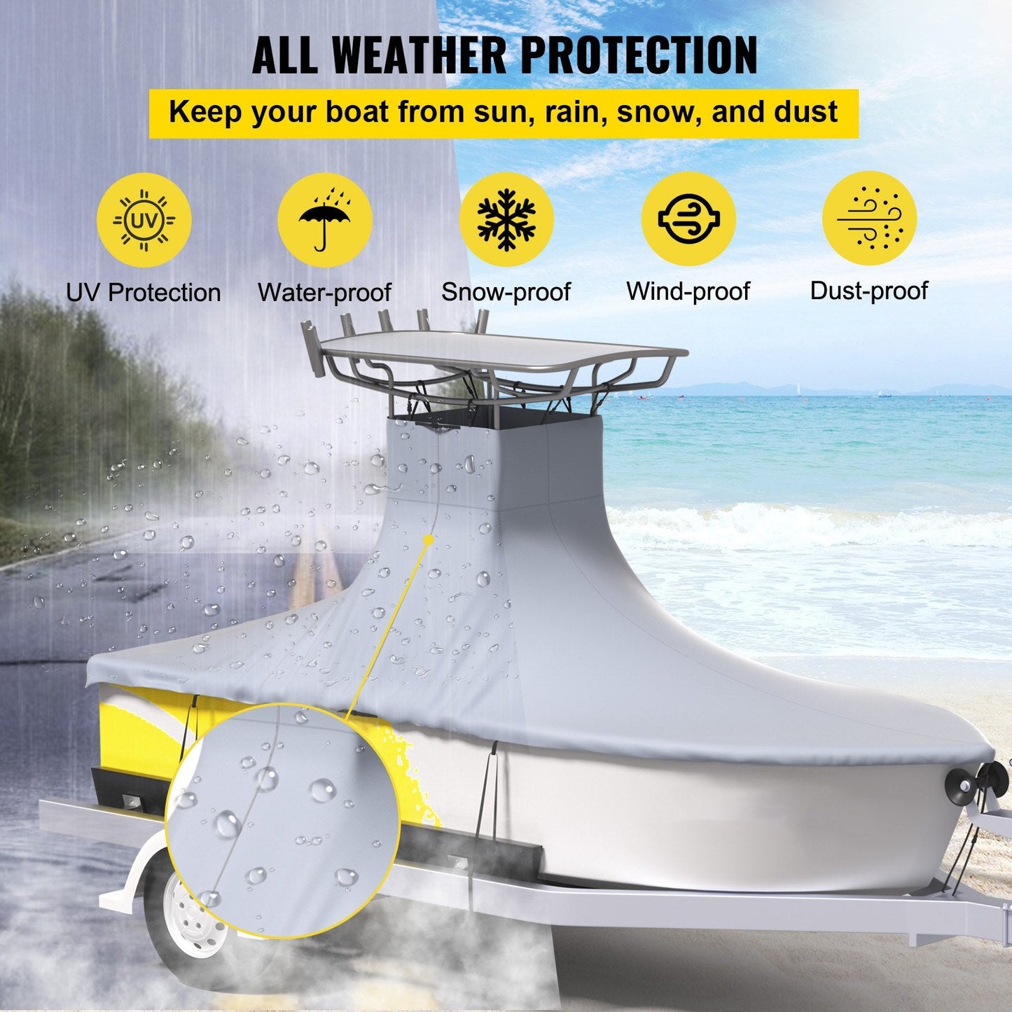 Heavy Duty Marine Grade T-Top Boat Cover for 6.1-6.71m Boats, UV Resistant