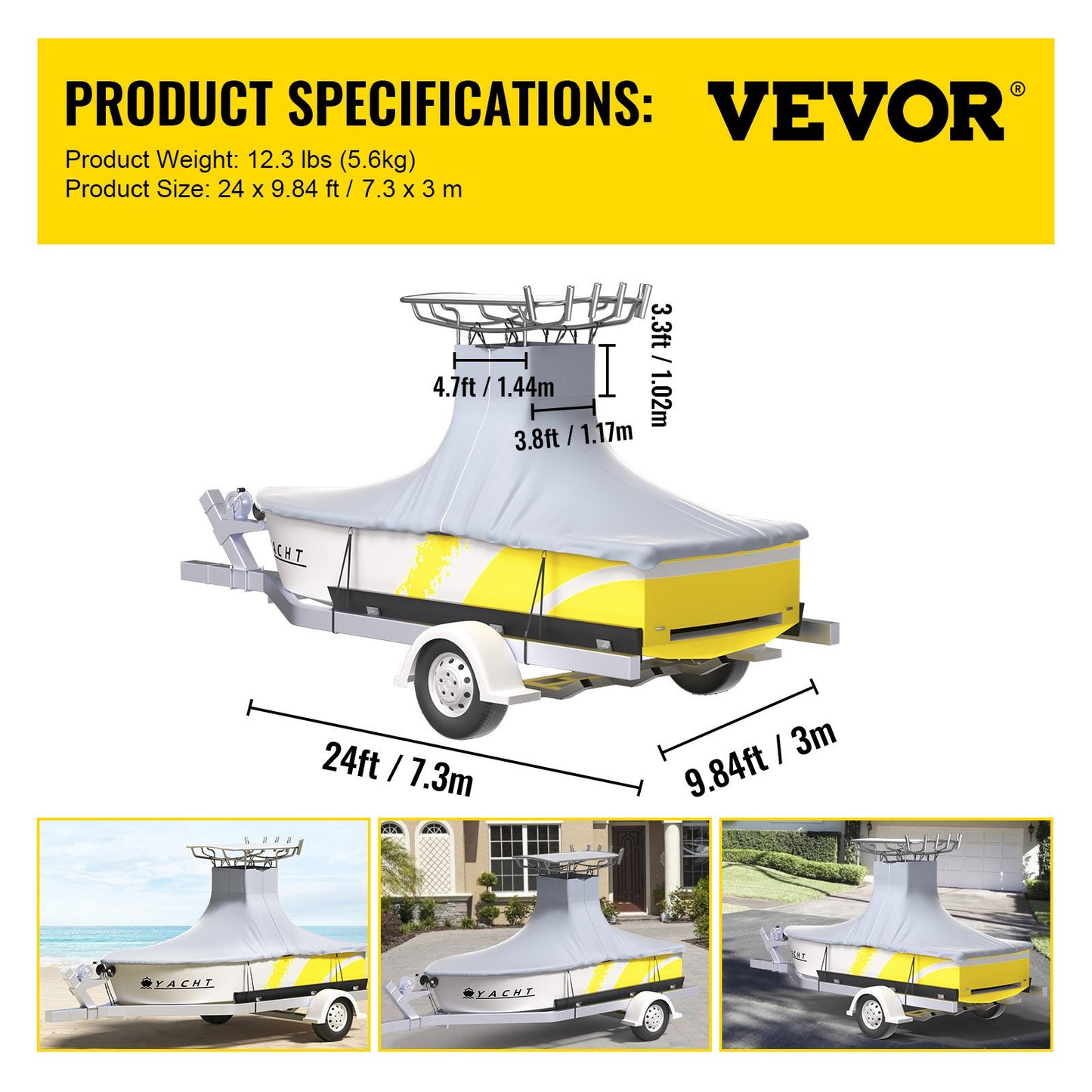 VEVOR T-Top Boat Cover, Fit for 22\'-24\' Boat, Heavy Duty 600D Marine Grade Oxford