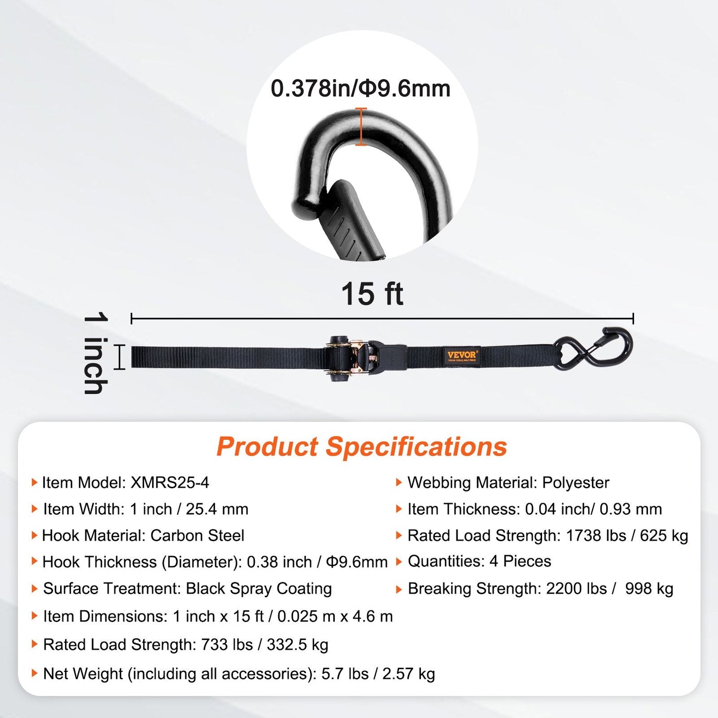 Heavy-Duty Ratchet Tie Down Straps, 4 Pack, 998 kg Break Strength, 4.6 m Length