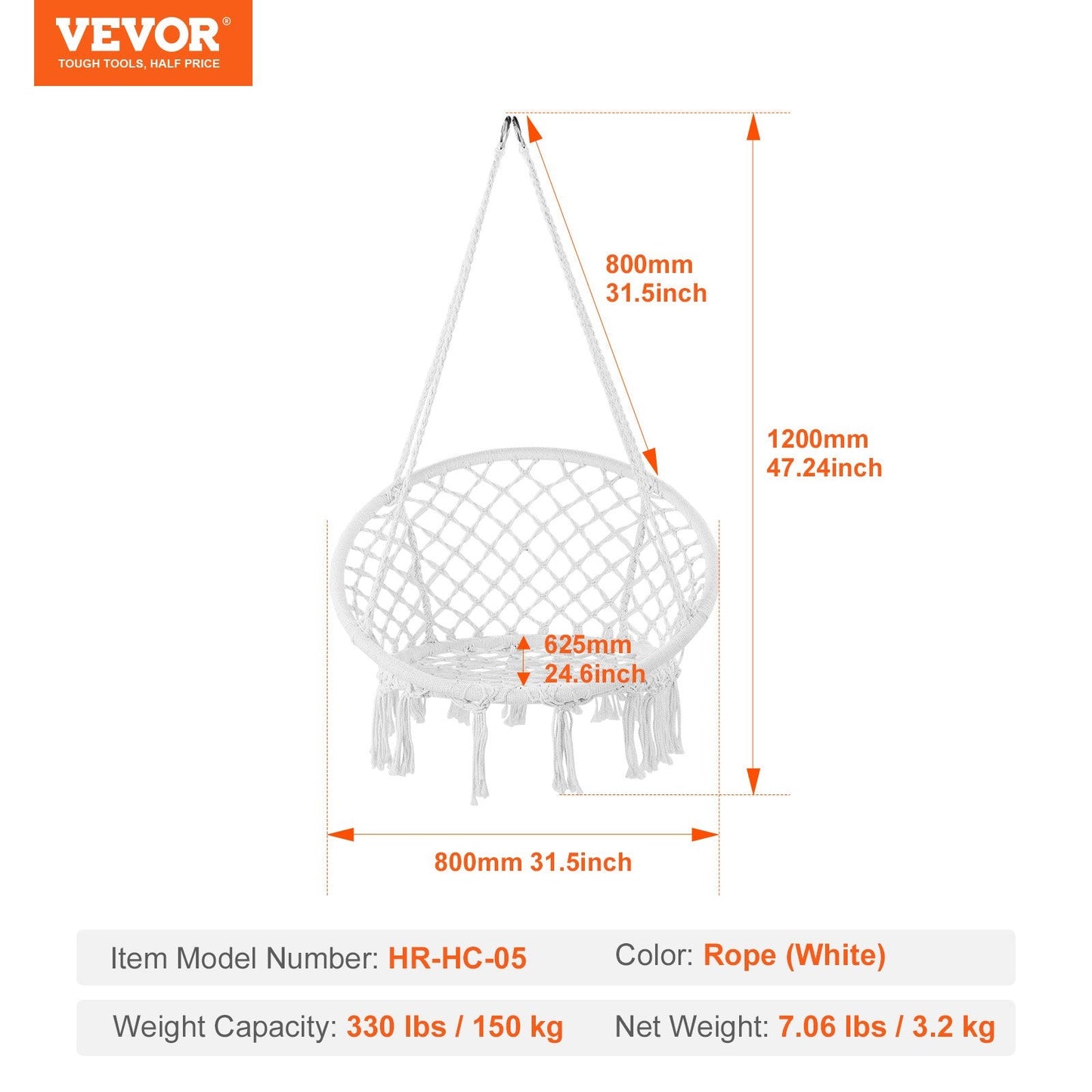 Macramé Hanging Swing Chair for Indoor/Outdoor, 150kg Capacity, White Rope