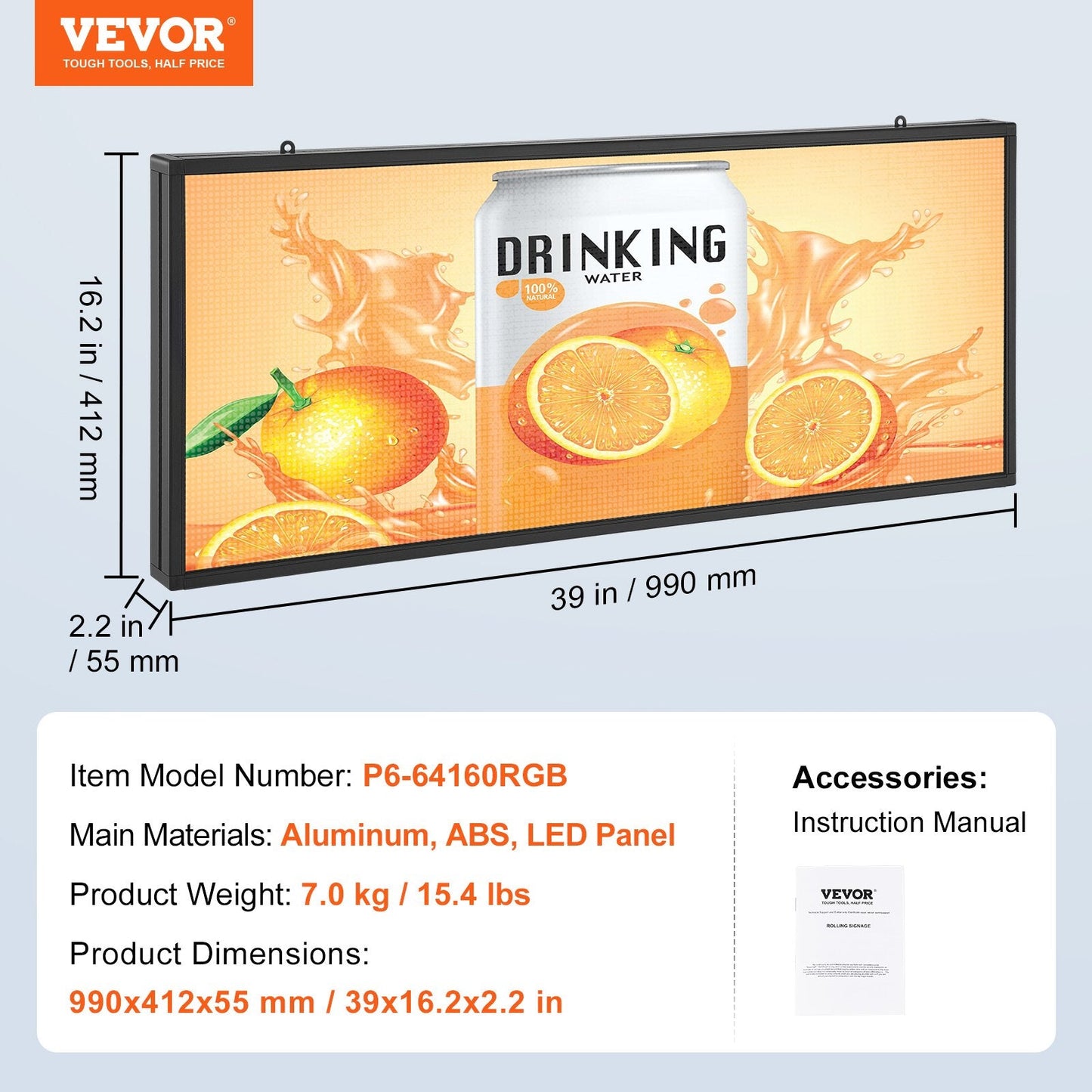Programmable LED Display Board, P6 Full Color, 99x41cm, Custom Text & Animation