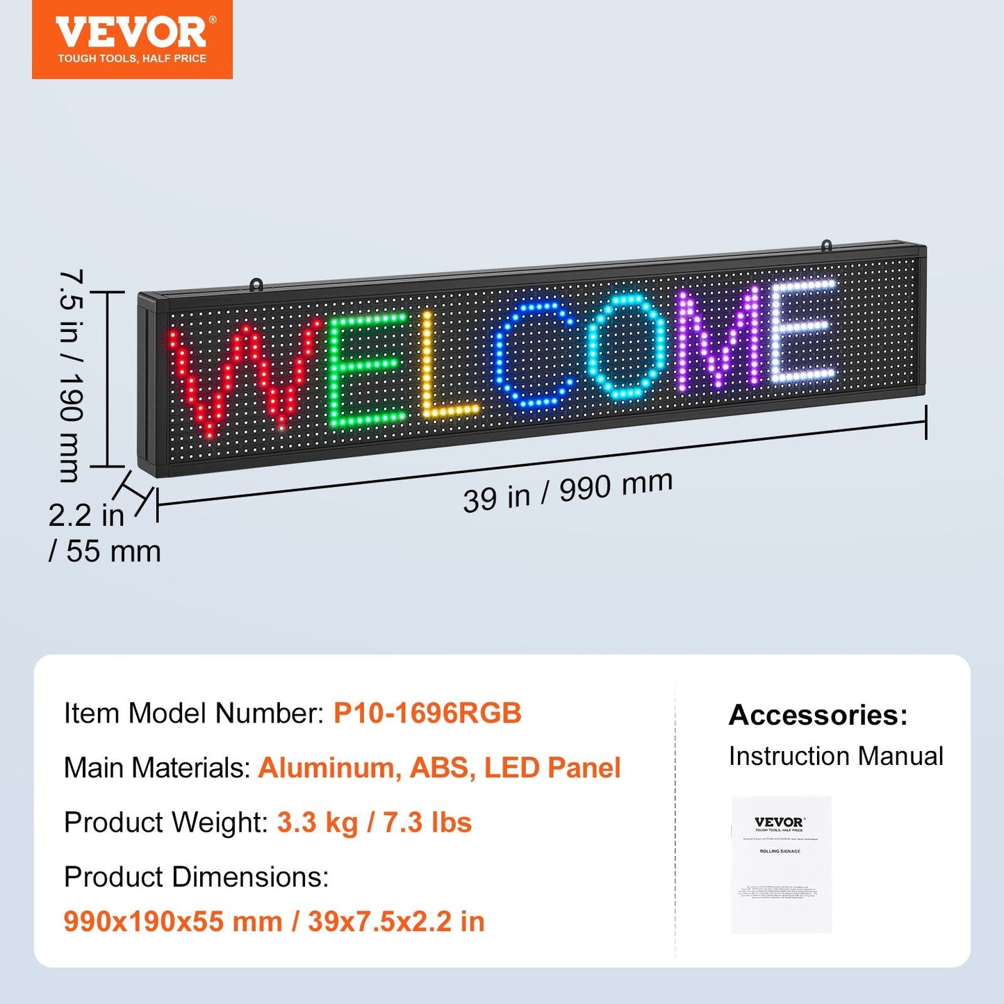 Programmable Full Color LED Display Board with WiFi/USB, 99x19cm, 3.3 kg