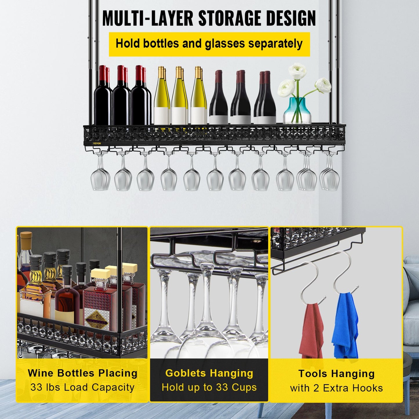 VEVOR Ceiling-Mounted Bar Wine Rack Wine Glass Hanging Rack 46.9x13in Black