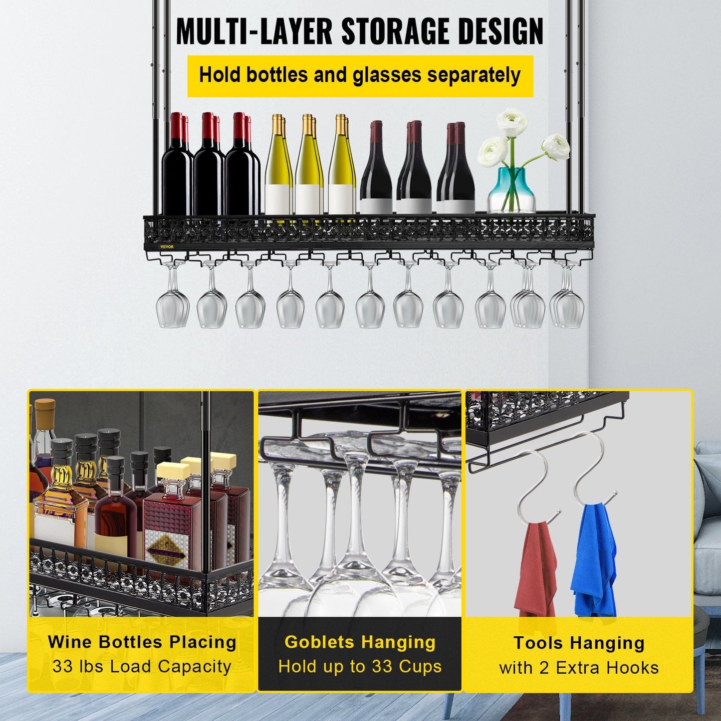 Ceiling-Mounted Wine Glass Rack, Adjustable Height, 119x33 cm, Black