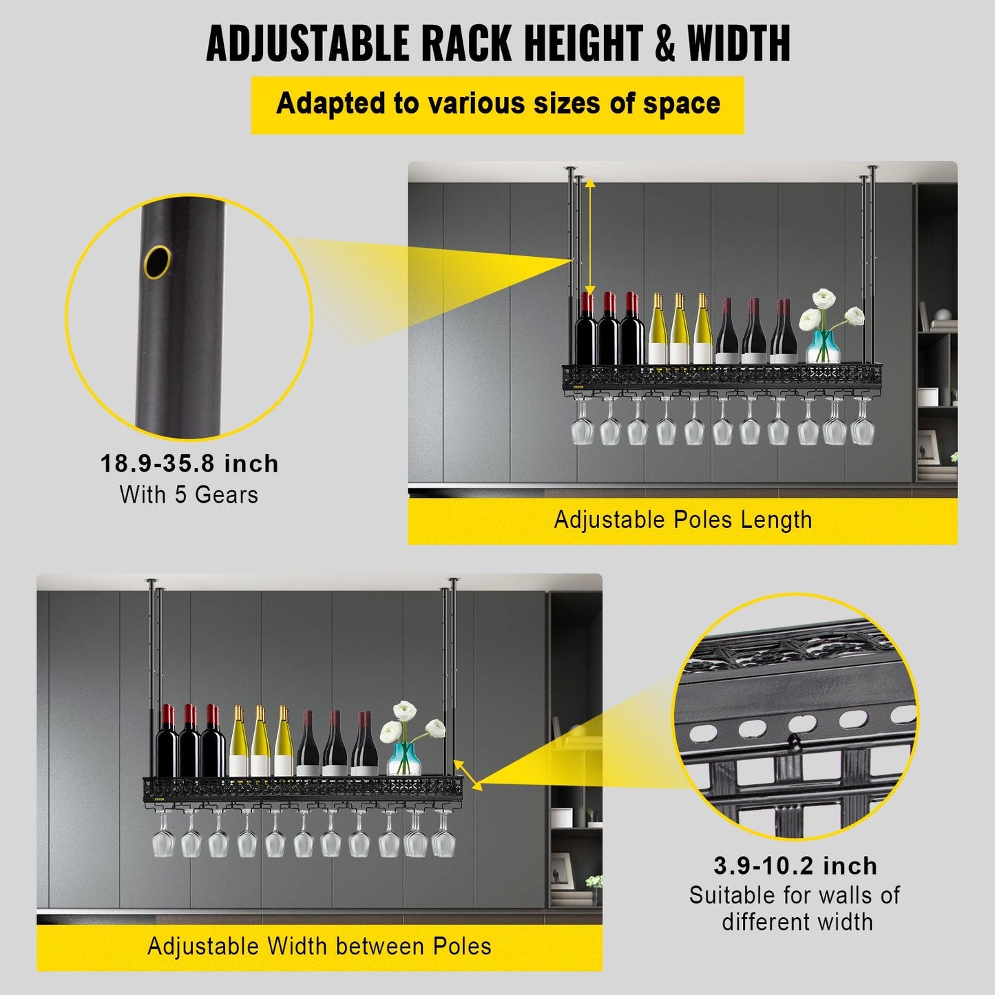 Ceiling-Mounted Wine Glass Rack, Adjustable Height, 119x33 cm, Black