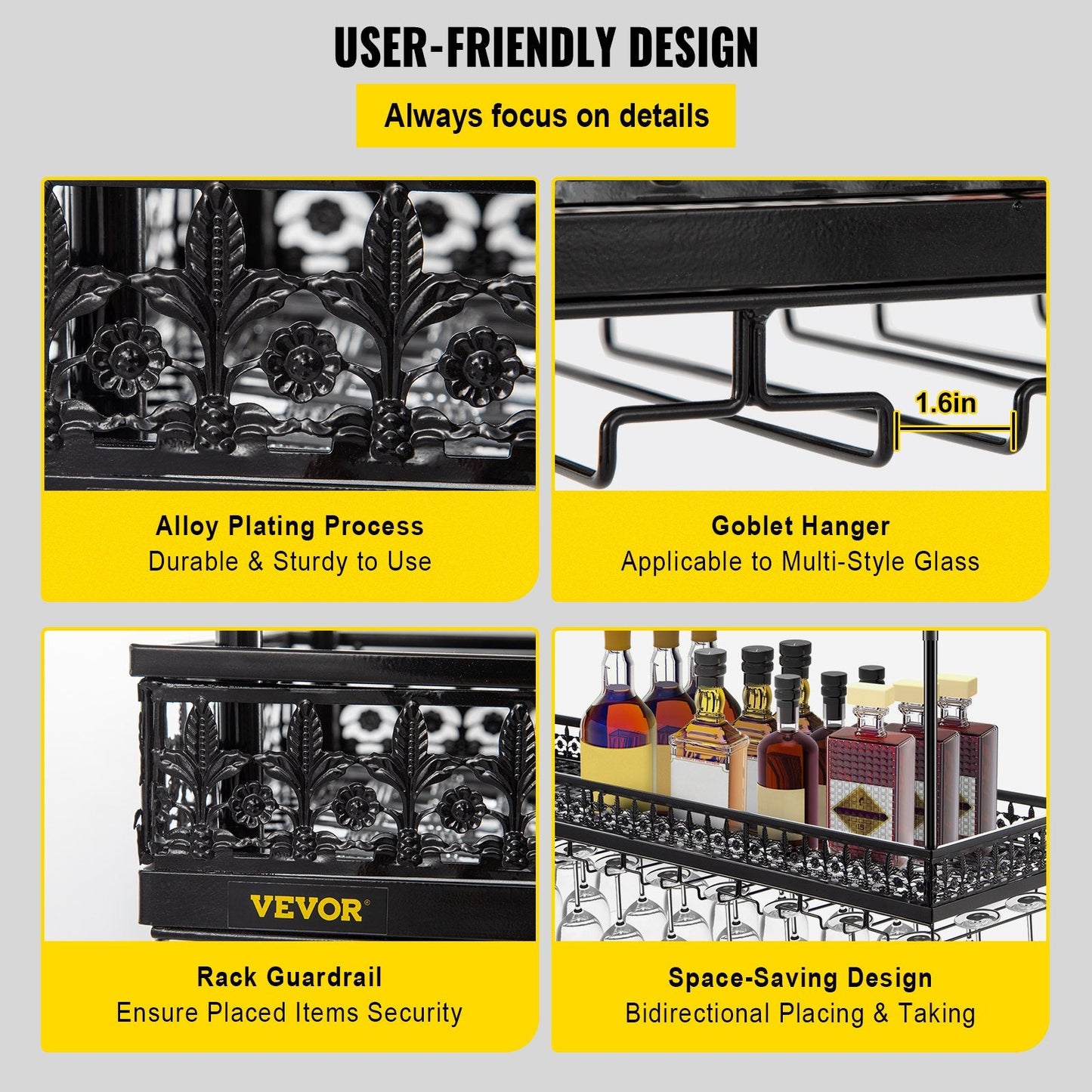 Ceiling-Mounted Wine Glass Rack, Adjustable Height, 119x33 cm, Black