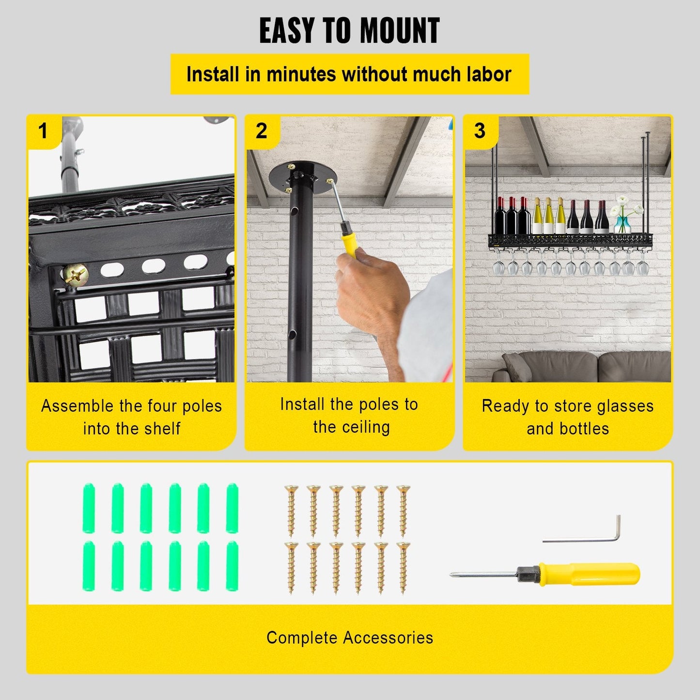 Ceiling-Mounted Wine Glass Rack, Adjustable Height, 119x33 cm, Black