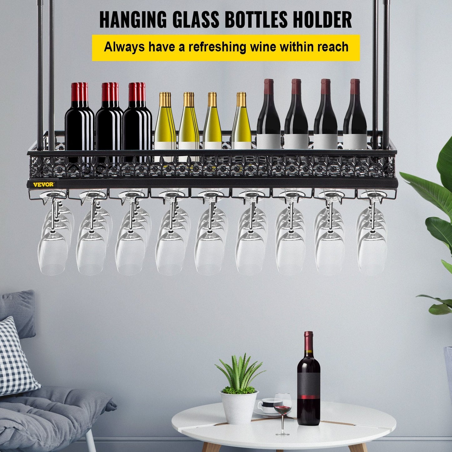 Ceiling Wine Glass Rack, Adjustable Height, 91x33 cm, 15 kg Capacity, Black