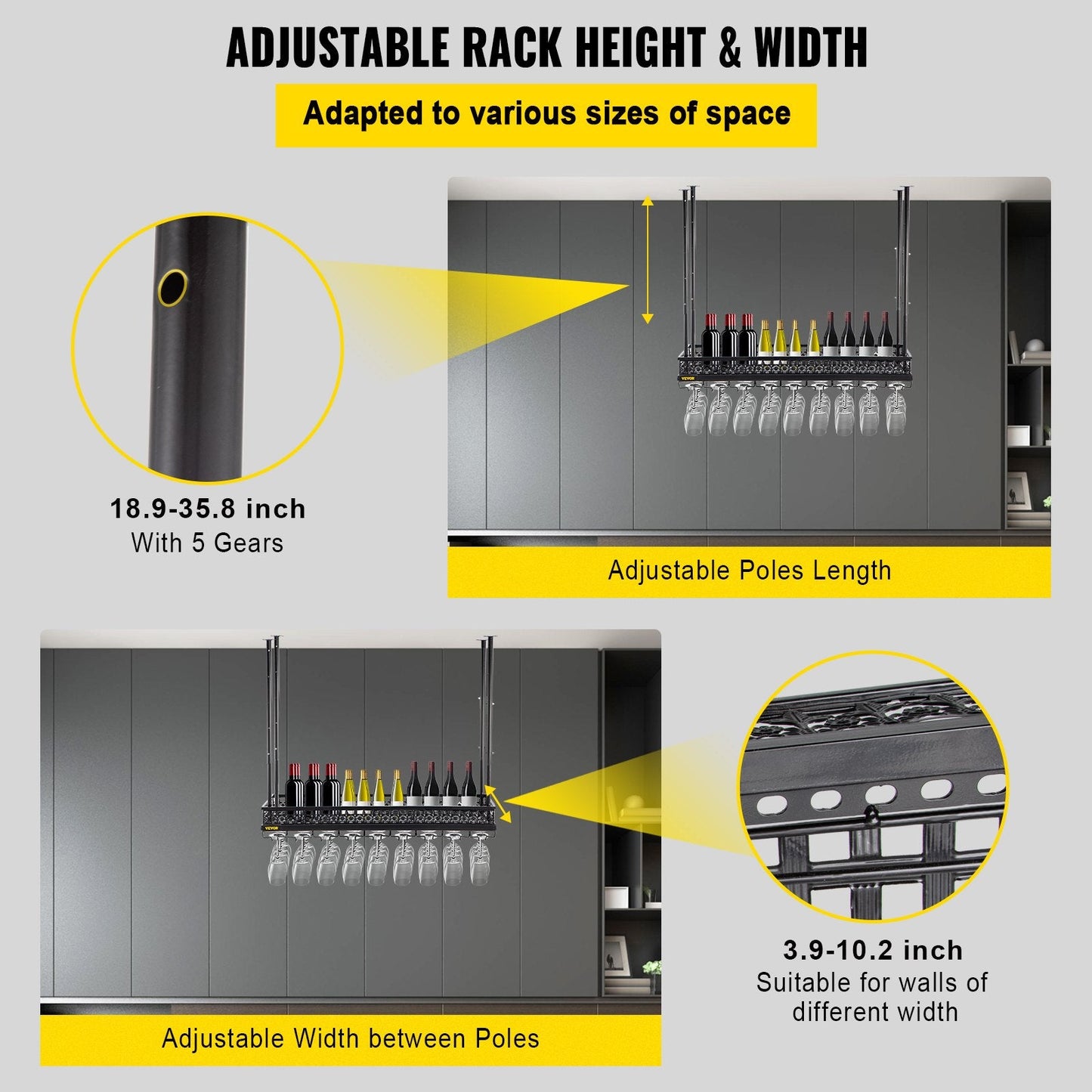 Ceiling Wine Glass Rack, Adjustable Height, 91x33 cm, 15 kg Capacity, Black