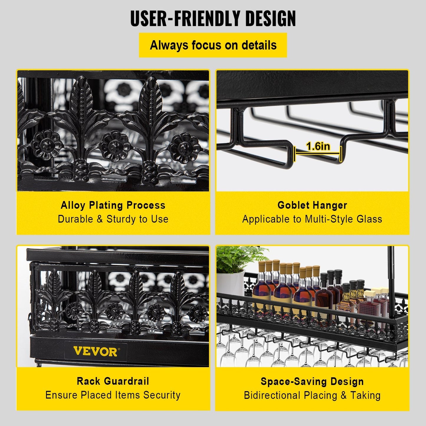 Ceiling Wine Glass Rack, Adjustable Height, 91x33 cm, 15 kg Capacity, Black