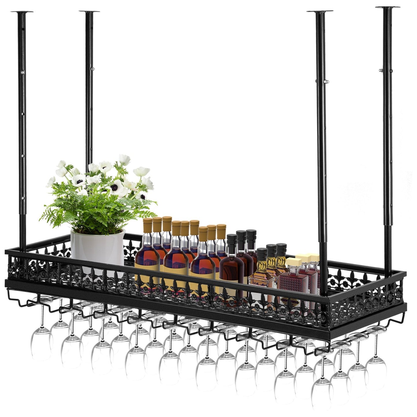 Ceiling Wine Glass Rack, Adjustable Height, 91x33 cm, 15 kg Capacity, Black