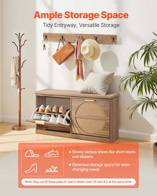 Entryway Shoe Storage Bench 98 cm Wide 2-Tier Shoe Bench Rattan-Like, with 2 Flip Drawers, 200 kg Load Capacity Storage Rack with Padded Seat Cushion, for Hallway, Living Room, and Bedroom