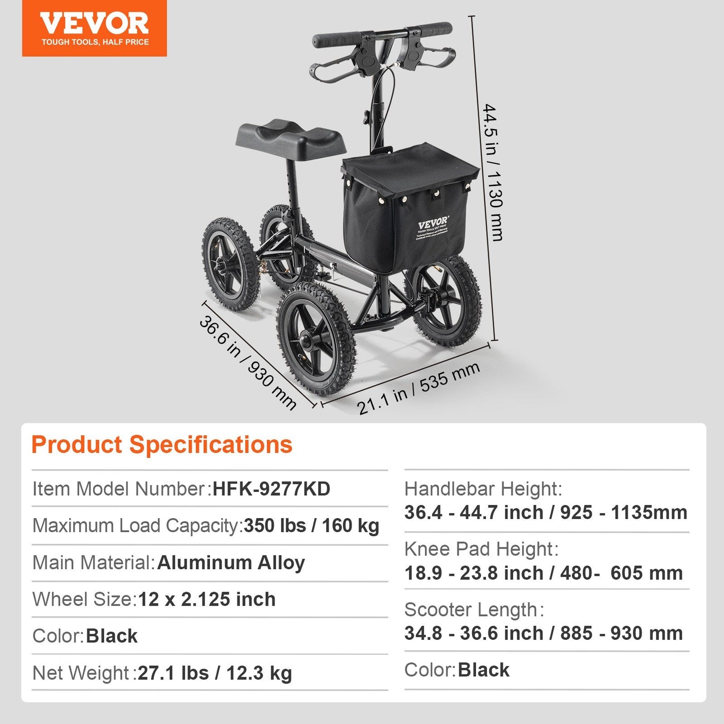 Folding Aluminum Knee Walker with Adjustable Handlebar and All-Terrain Wheels