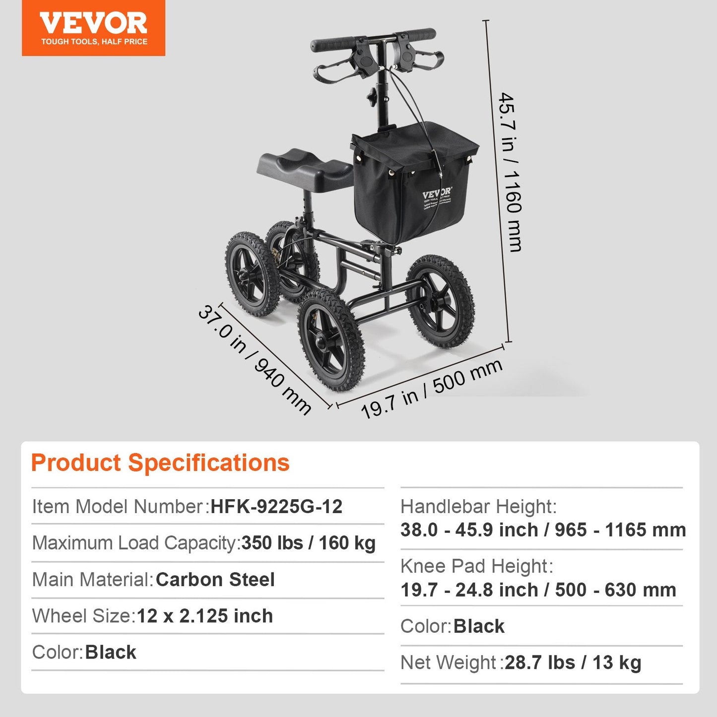 Folding Knee Walker with Adjustable Height and All-Terrain Wheels, 160 kg Capacity