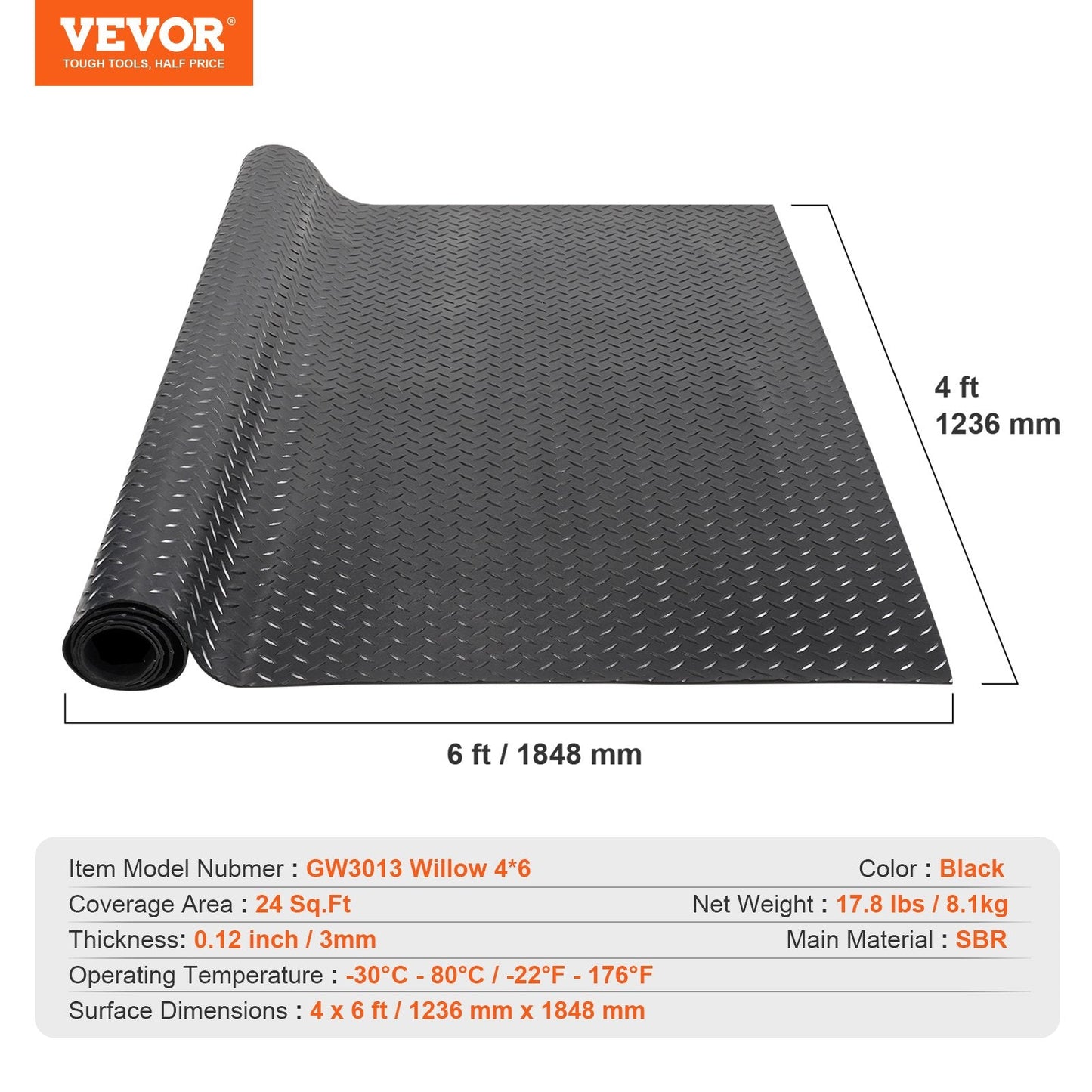 Diamond-Plate 3mm Rubber Flooring Mat, 1.2m x 1.8m, Black, Easy Install