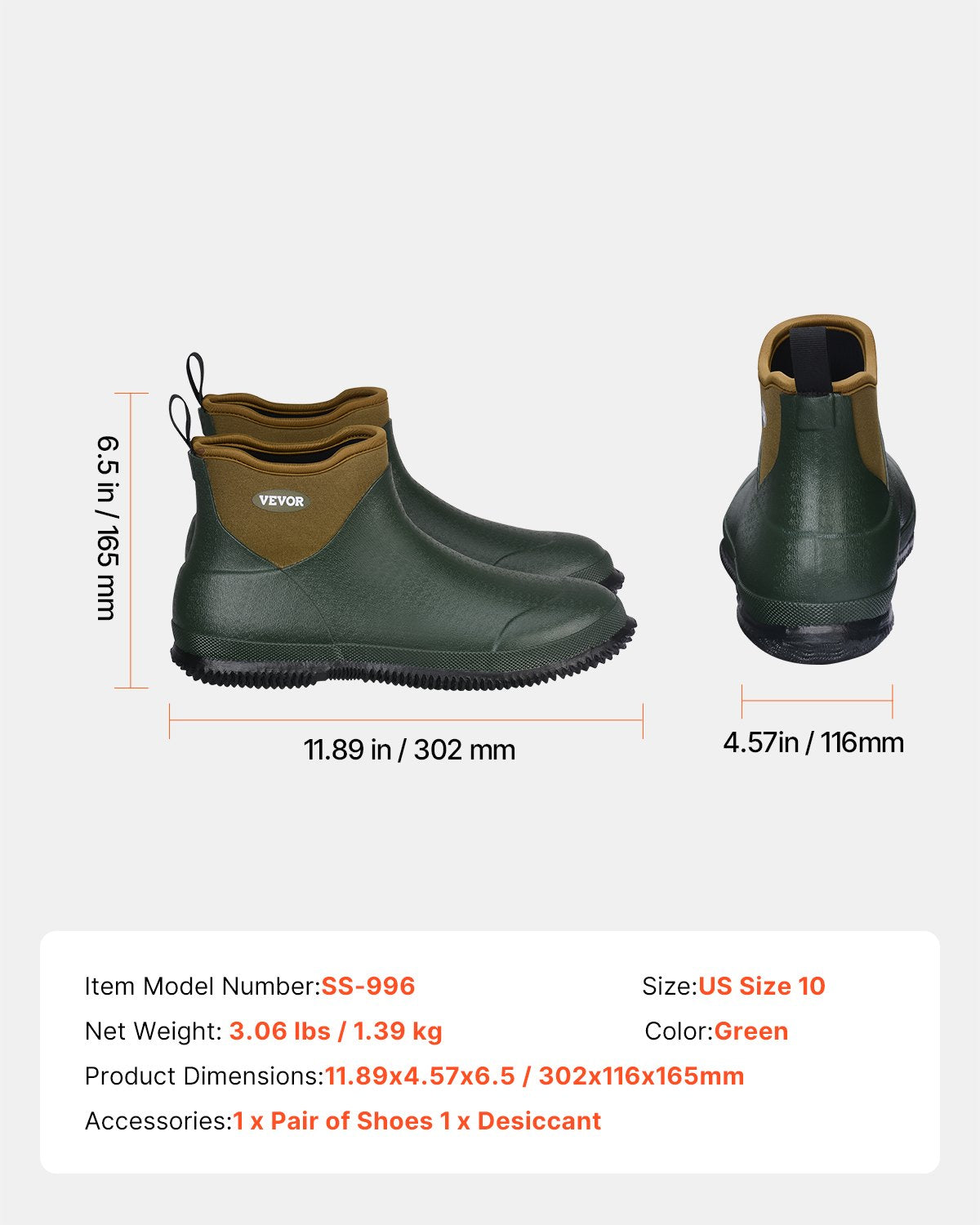 VEVOR Women's Ankle Deck Boots Waterproof Anti-Slip Work Rain Boots Size 10 US