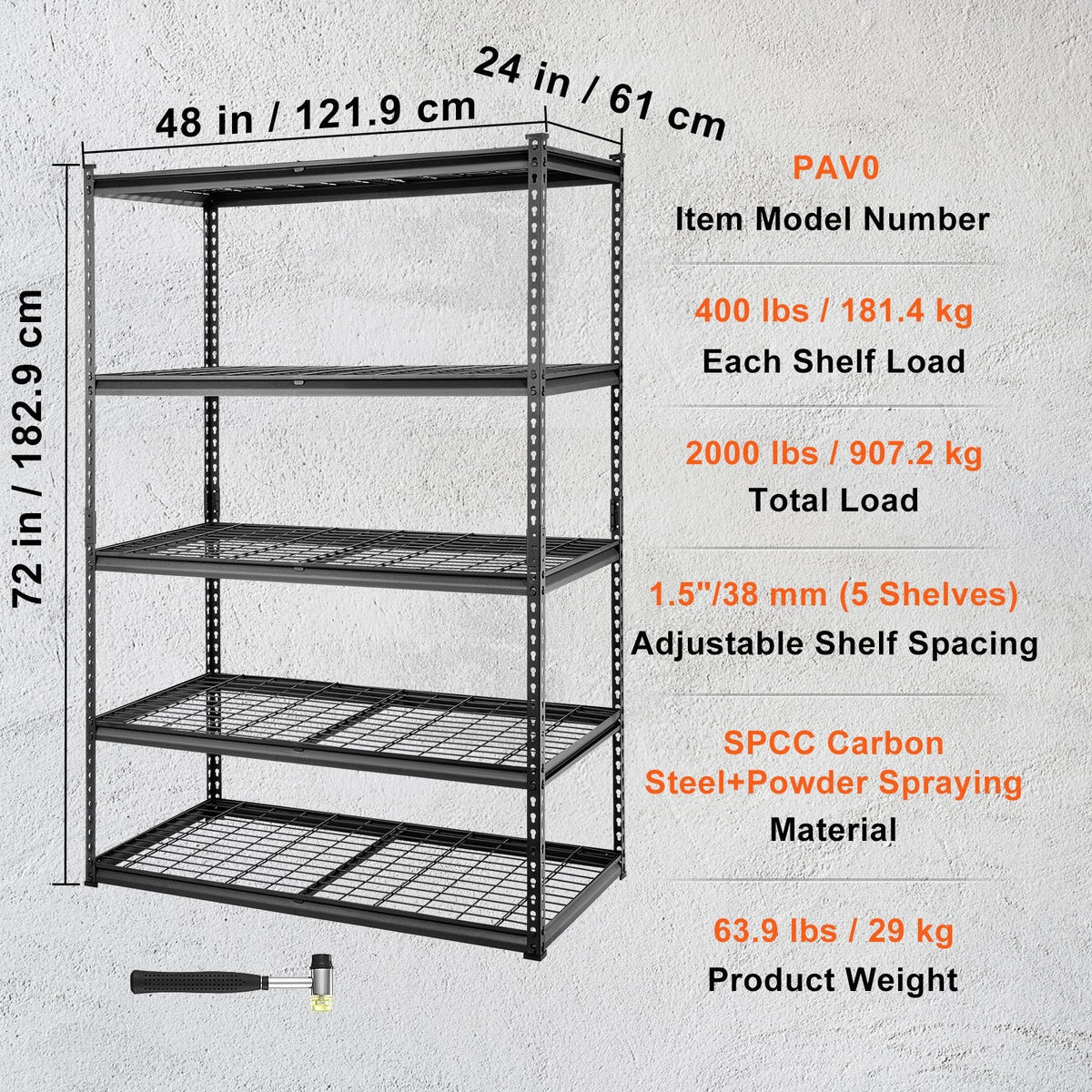 Sixteen rubber foot pads help protect floors from scratches while improving rack stability