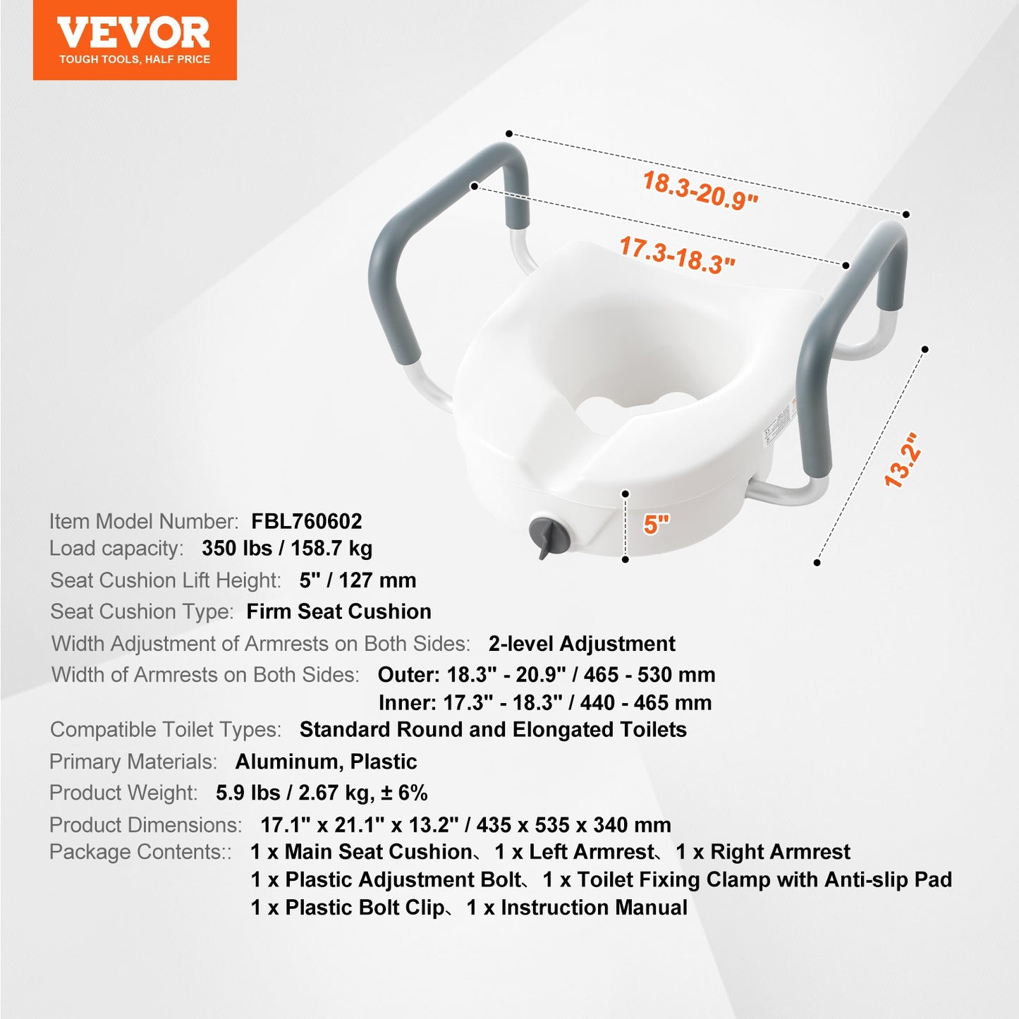 VEVOR Raised Toilet Seat, 5" Height Raised, 350 lbs Weight Capacity, for Round and