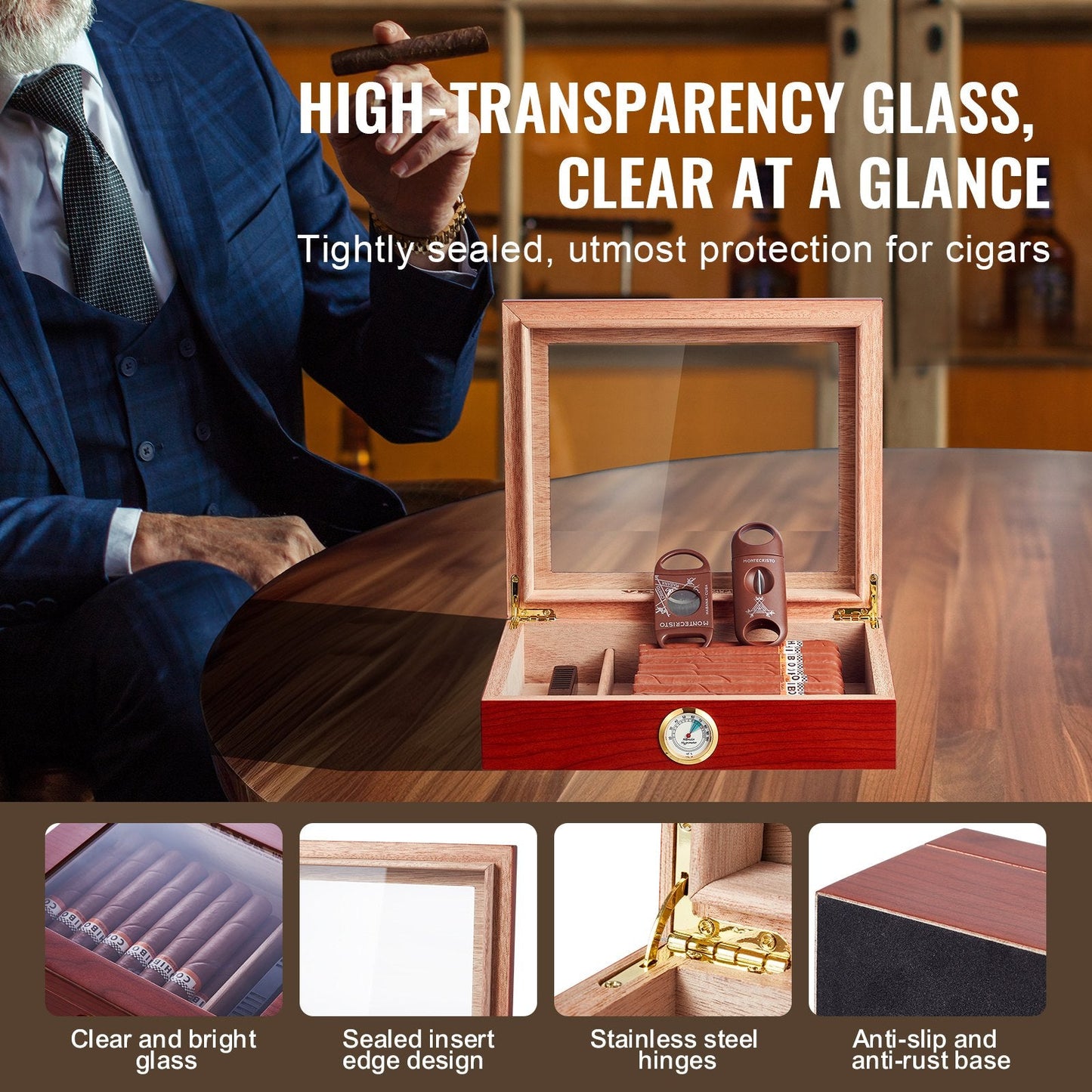 Handmade Spanish Cedar Cigar Humidor Box with Glass Top and Accessories