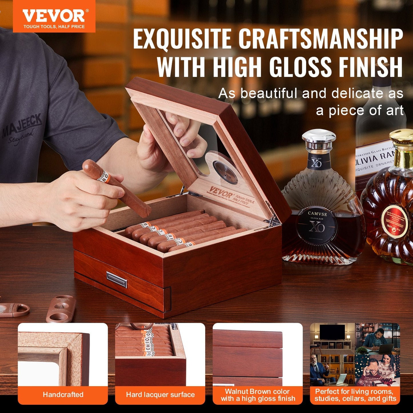 Handcrafted Spanish Cedar Cigar Humidor with Glass Top and Accessory Drawer