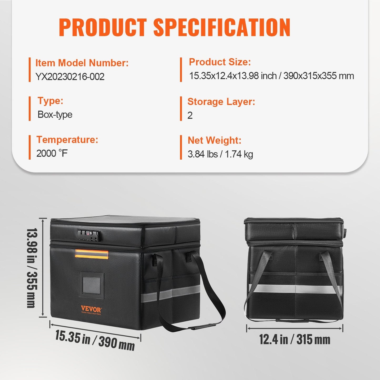 Fireproof & Waterproof Document Box with Lock, 3 Layers, 2000°C Protection