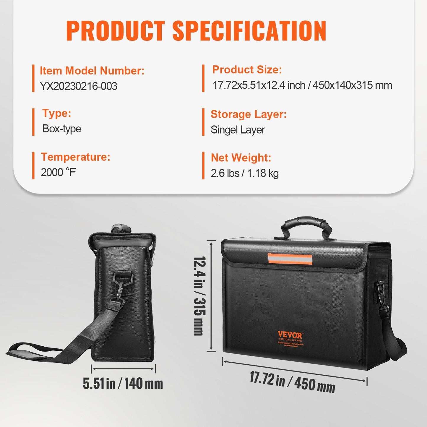 Fireproof & Waterproof Document Storage Box with 2000°C Protection, 0.39m x 0.32m x 0.36m