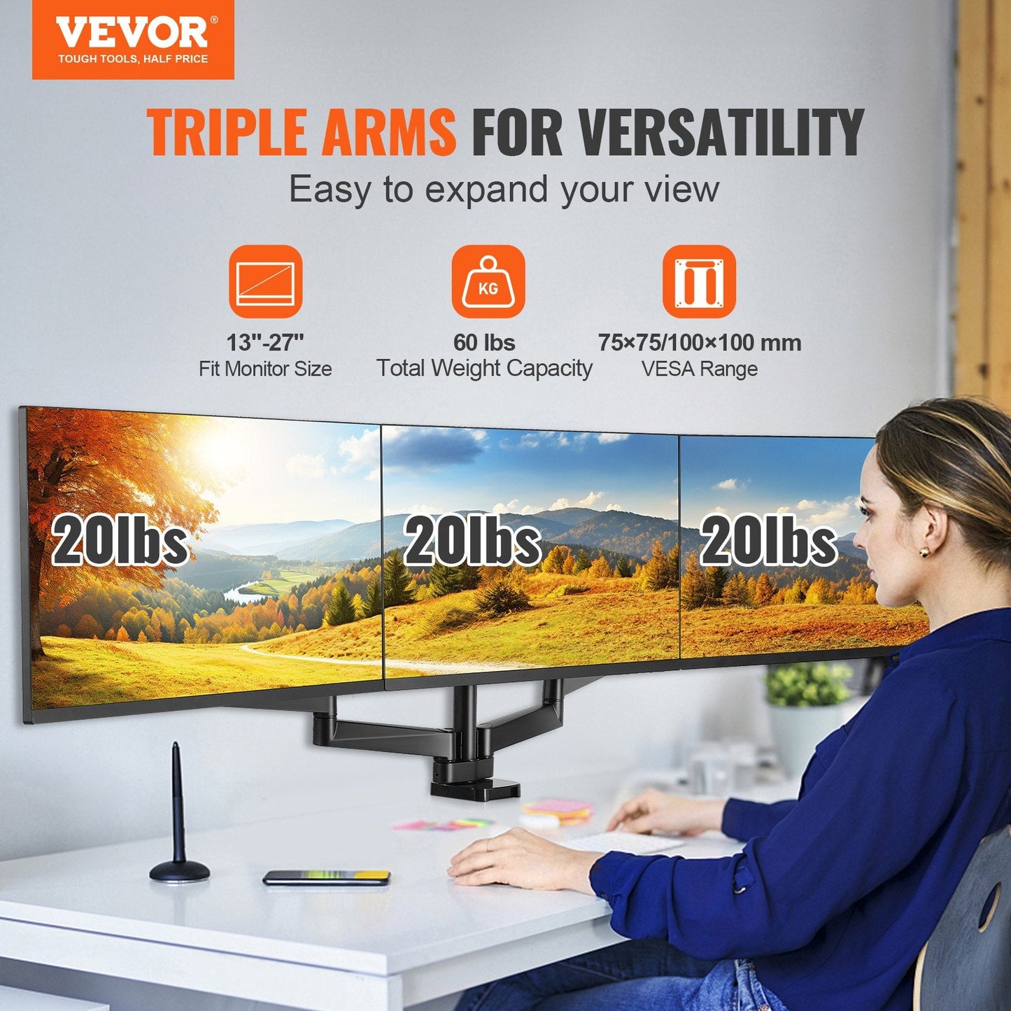 Triple Monitor Mount with Gas Spring Arm, Fits 330-686 mm Screens, 9.1 kg Capacity