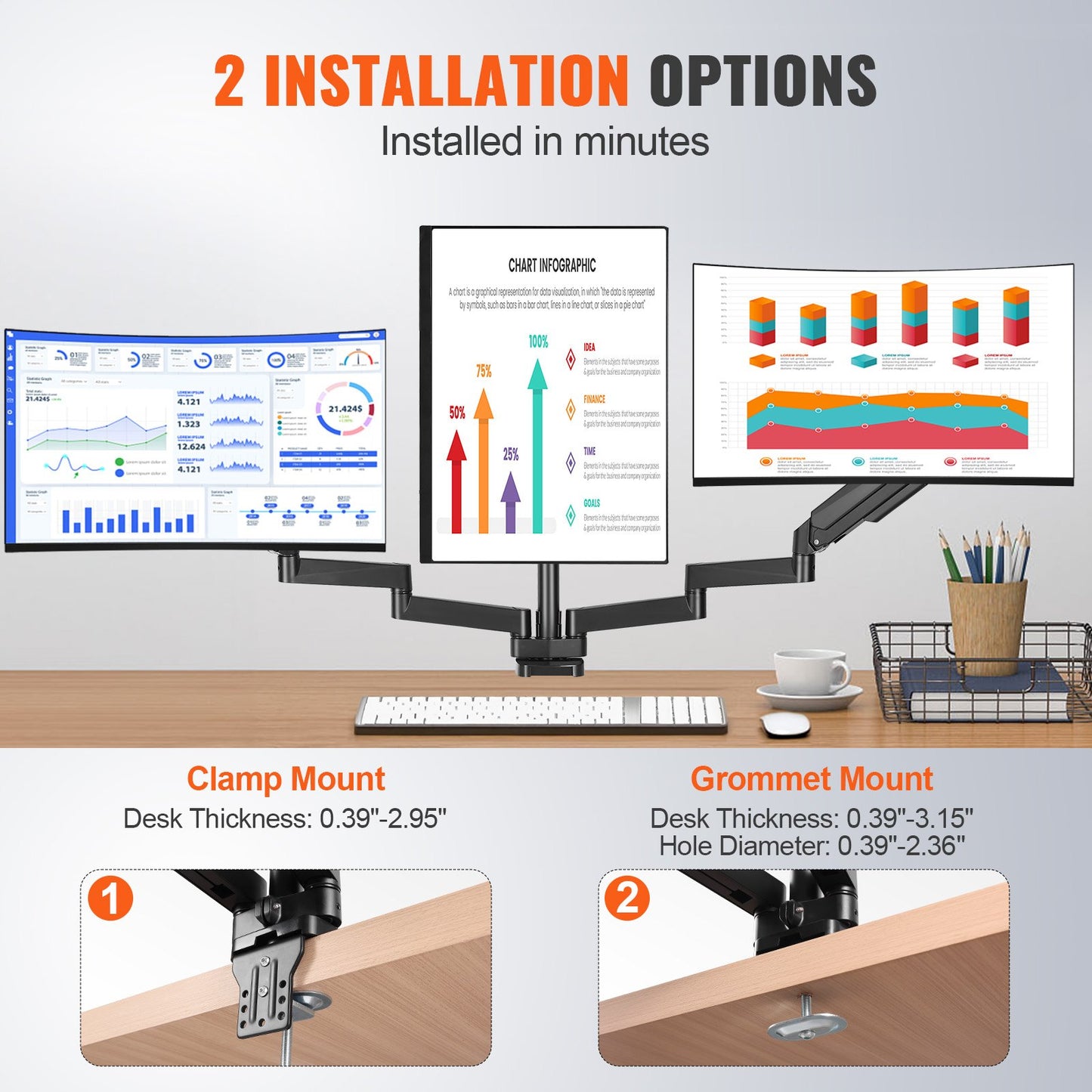 VEVOR Triple Monitor Mount, Support 13"-27"(330-686 mm)Screens, Fully Adjustable