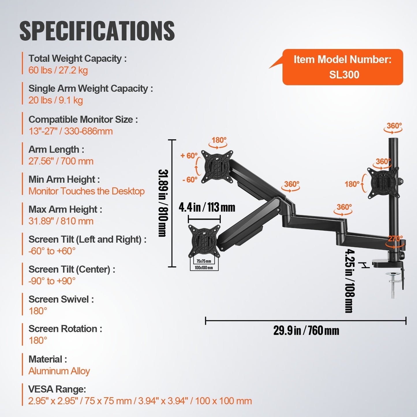 Triple Monitor Mount with Gas Spring Arm, Fits 330-686 mm Screens, 9.1 kg Capacity