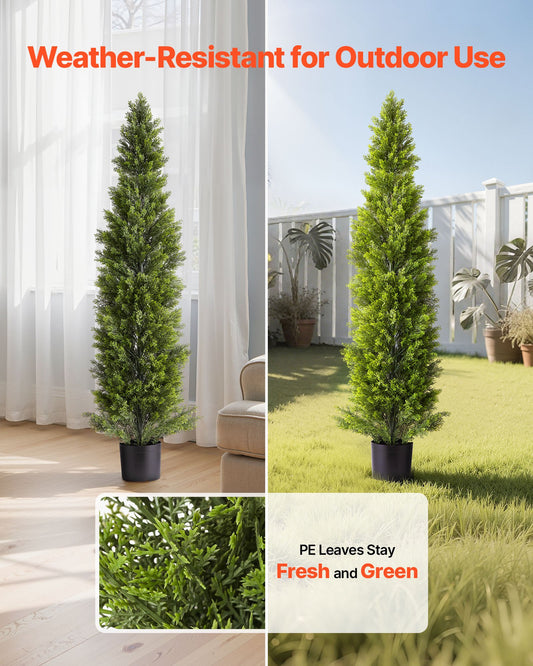 Artificial Topiary Cedar Trees, 2 Set 1524mm Faux Pine Shrubs Plants, Fake Silk Tree Look Real, Easy Assembly for Decor Front Porch Outdoor Patio Garden Balcony Backyard Indoor Office