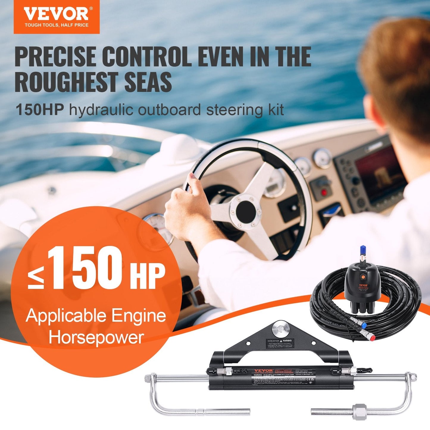 Hydraulic Outboard Steering System Kit for Boats Up to 150HP, Durable Design