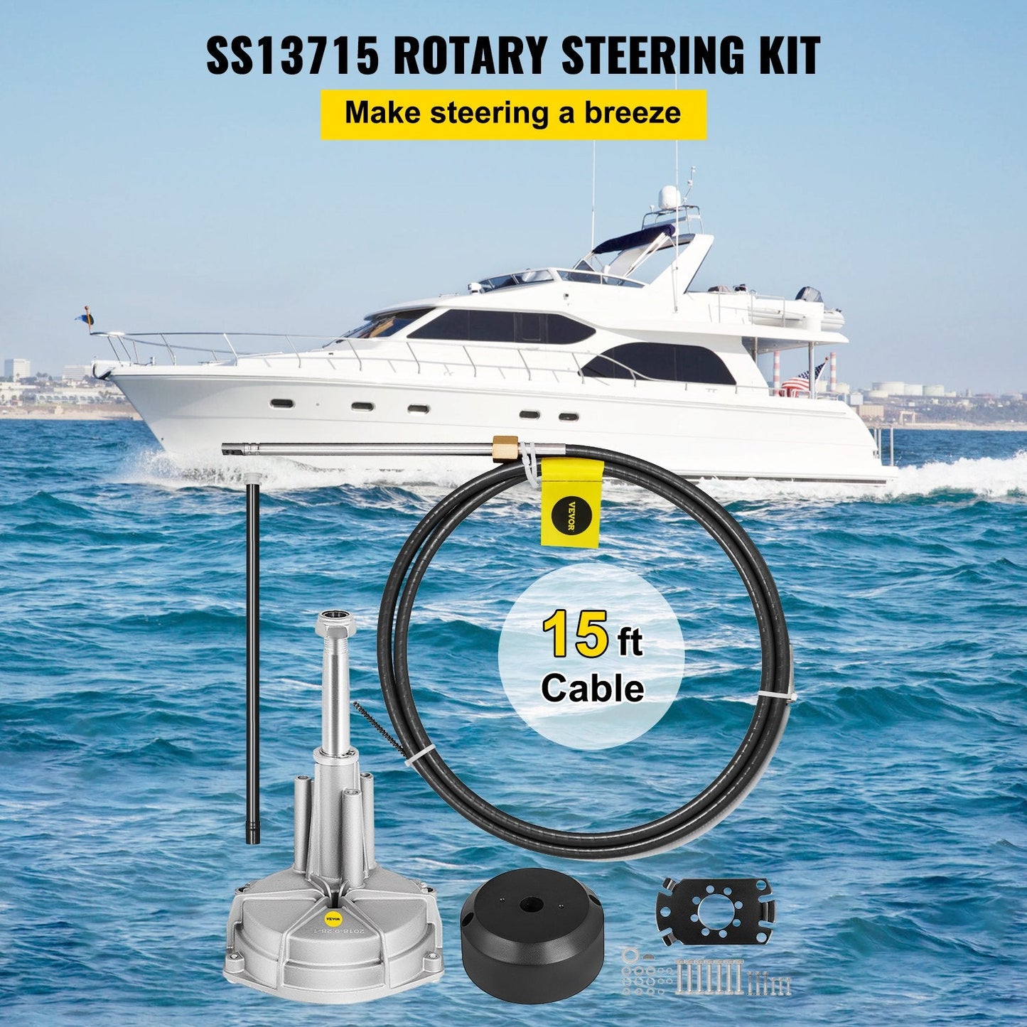 Marine Outboard Steering System Kit, 4.57m Cable, 1.9cm Shaft, Easy Install