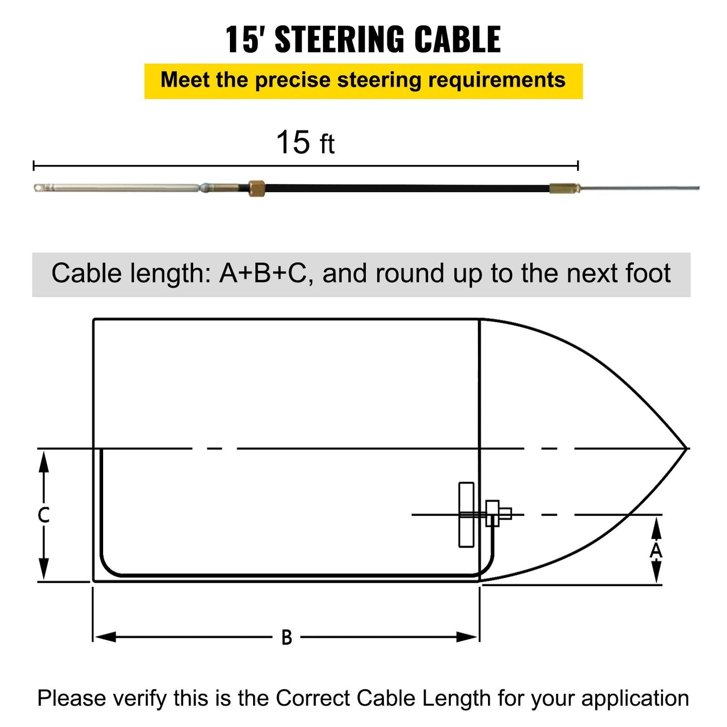 Marine Outboard Steering System Kit, 4.57m Cable, 1.9cm Shaft, Easy Install