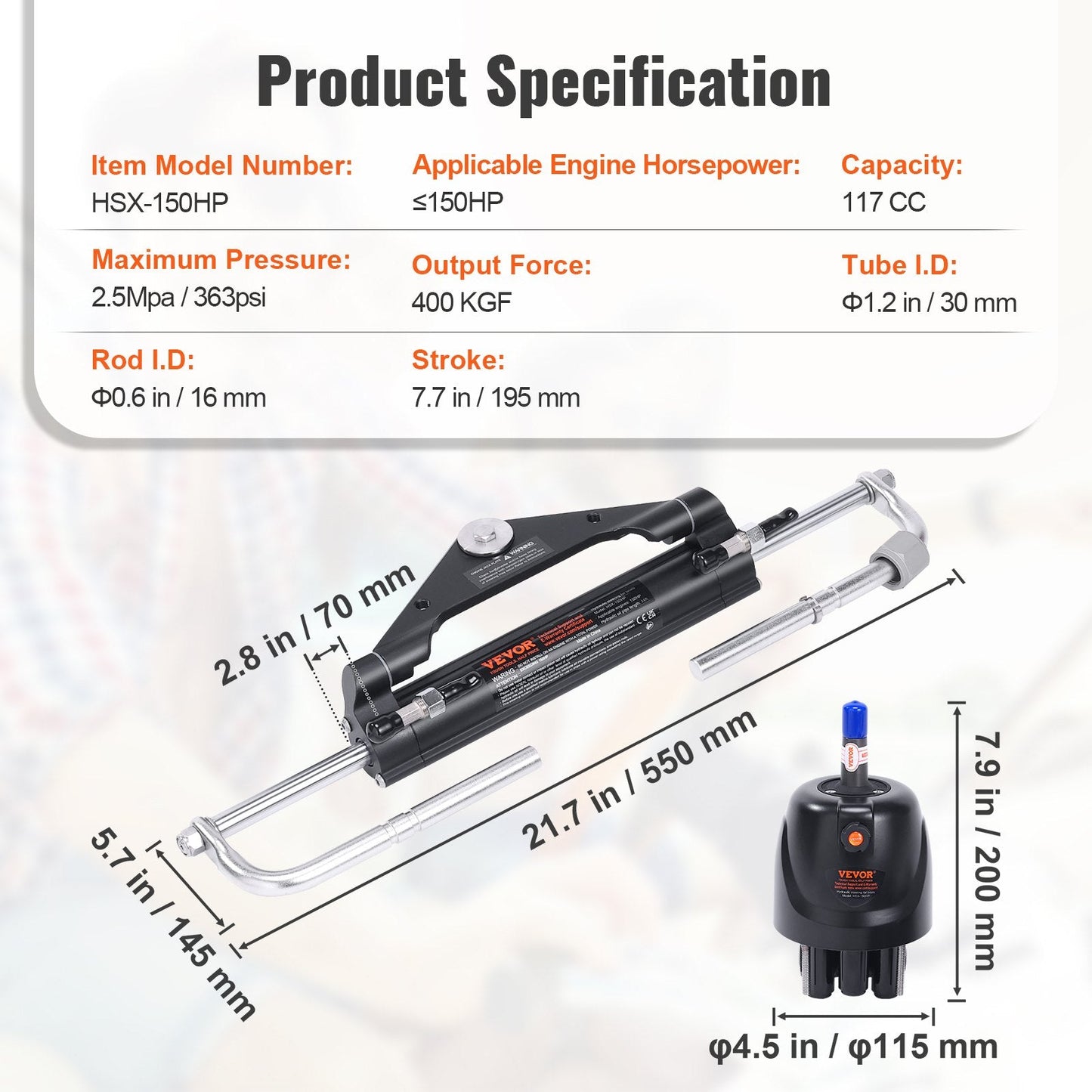 Marine Hydraulic Steering System Kit, 150HP, with 7.7m Hose for Boats