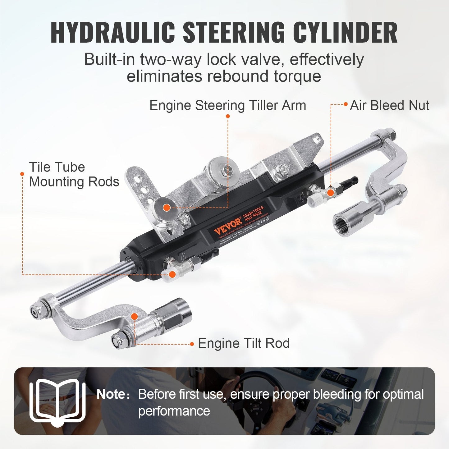 Marine Hydraulic Steering Kit for 300HP Outboard Engines, 26m Hose, 200mm Stroke