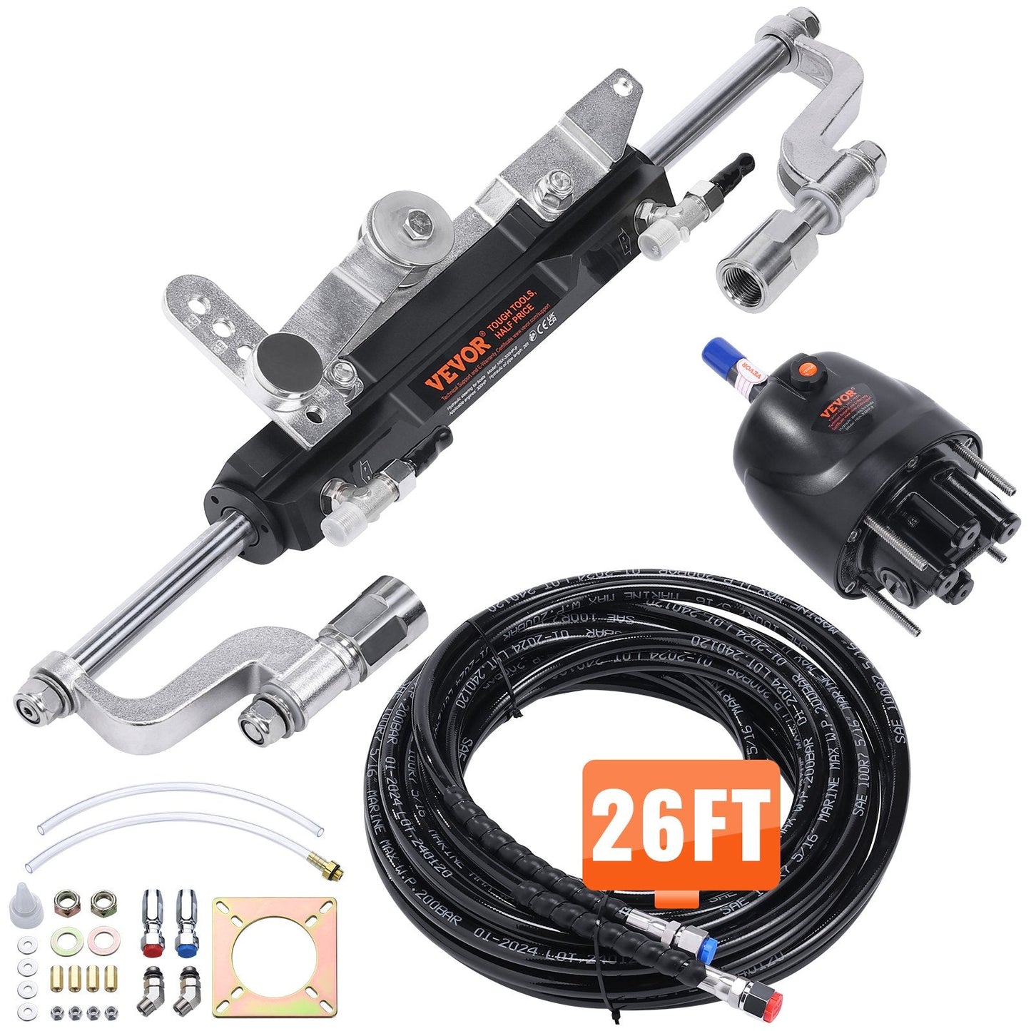 Marine Hydraulic Steering Kit for 300HP Outboard Engines, 26m Hose, 200mm Stroke