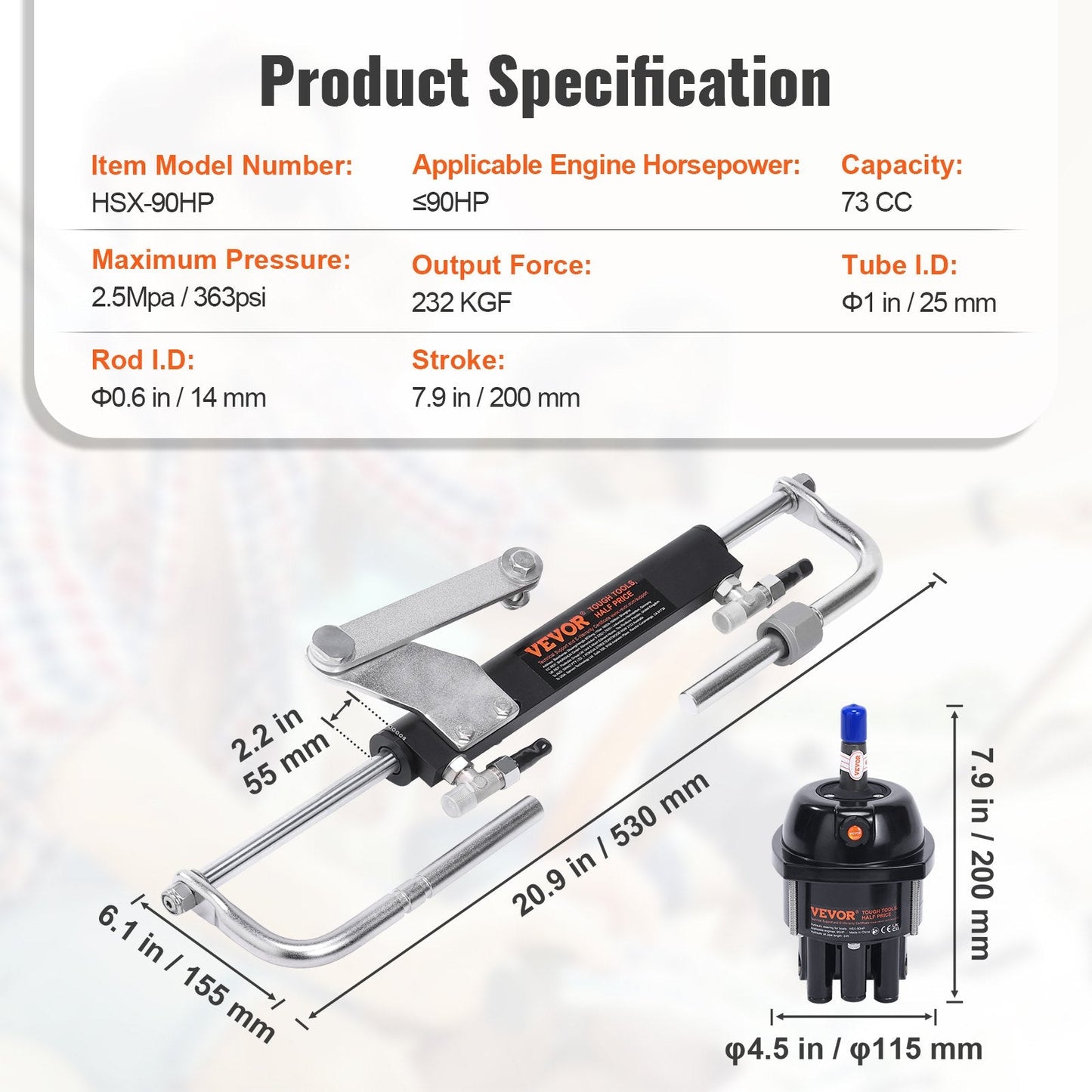 Hydraulic Marine Boat Steering System Kit, 90HP, with 200mm Stroke and Accessories