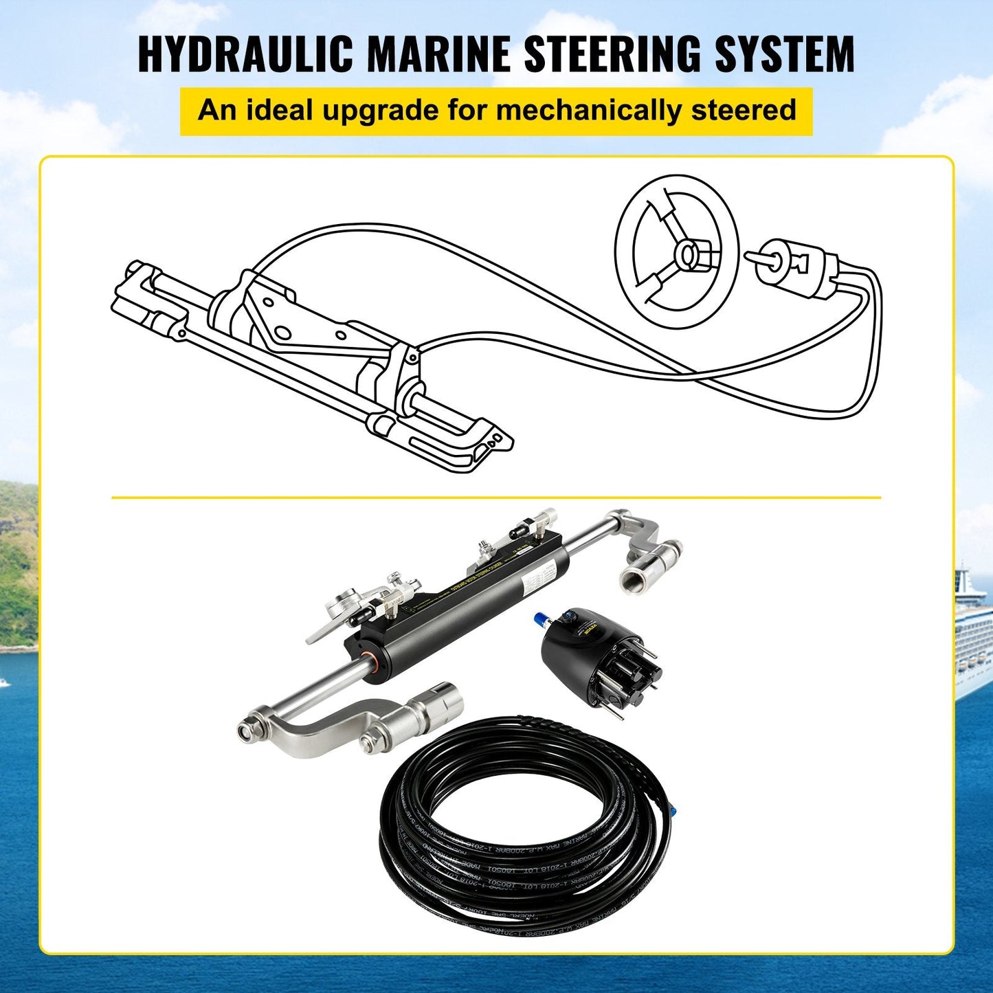 Hydraulic Boat Steering Kit with Helm Pump & Cylinder for 300HP Outboard Motors