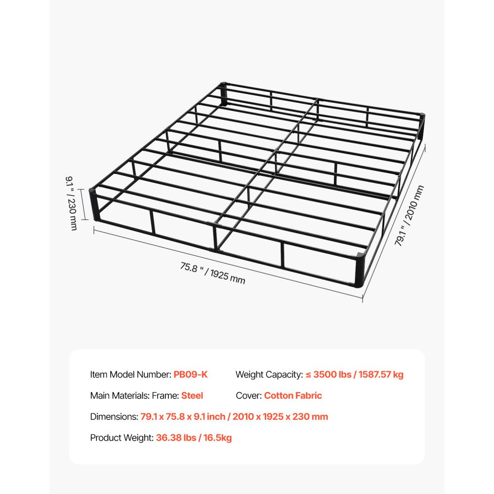 VEVOR Box Spring King Size Bed Frame with Fabric Cloth 79.1L x 75.8W x 9.1H in
