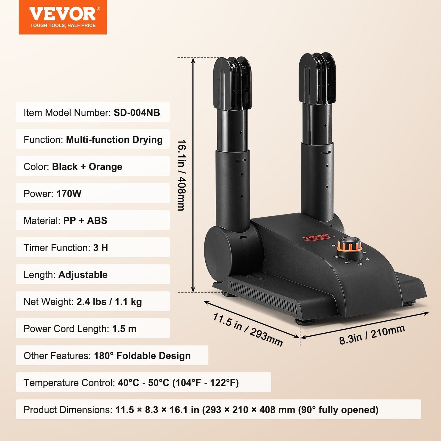 Foldable Shoe and Boot Dryer with Heat Blower, Adjustable Timer, Black/Orange