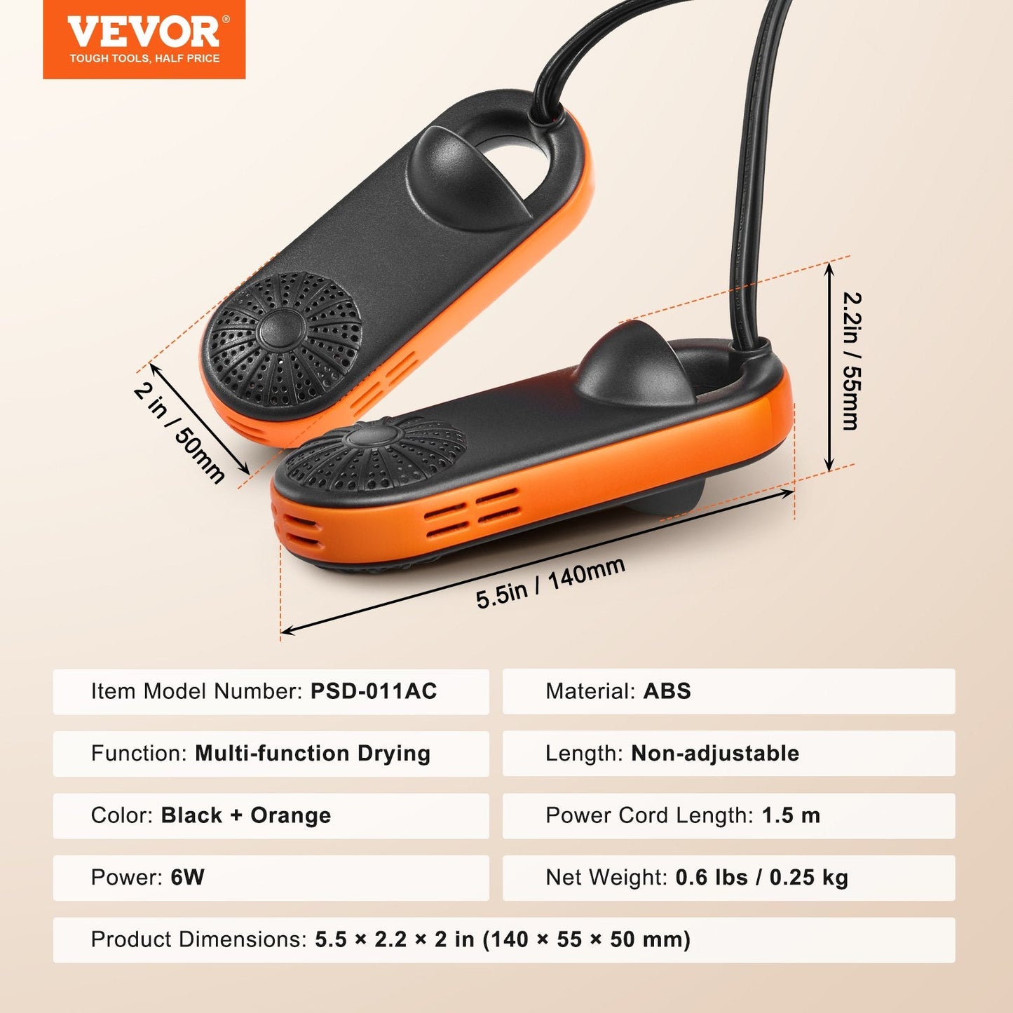 Portable Shoe & Boot Dryer with UVA Light, 1.5m Cord, Black/Orange, 0.25kg