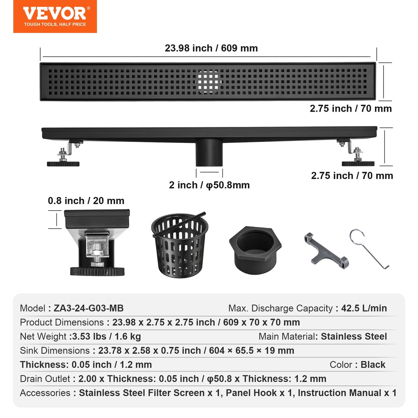 VEVOR 610mm Linear Shower Drain with Square Pattern Grate,Brushed 304 Stainless