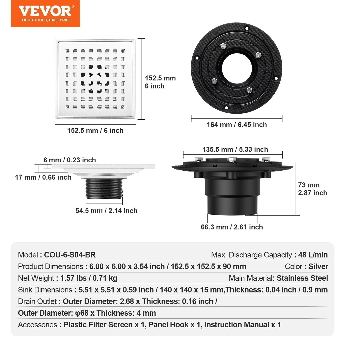 406mm Stainless Steel Linear Shower Drain with Square Grate and Hair Strainer