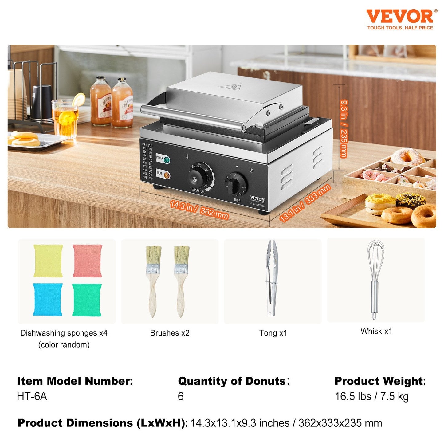 Electric Donut Maker, 1550W, Non-stick, 6 Donuts, 0.36x0.33x0.24m, 7.5kg
