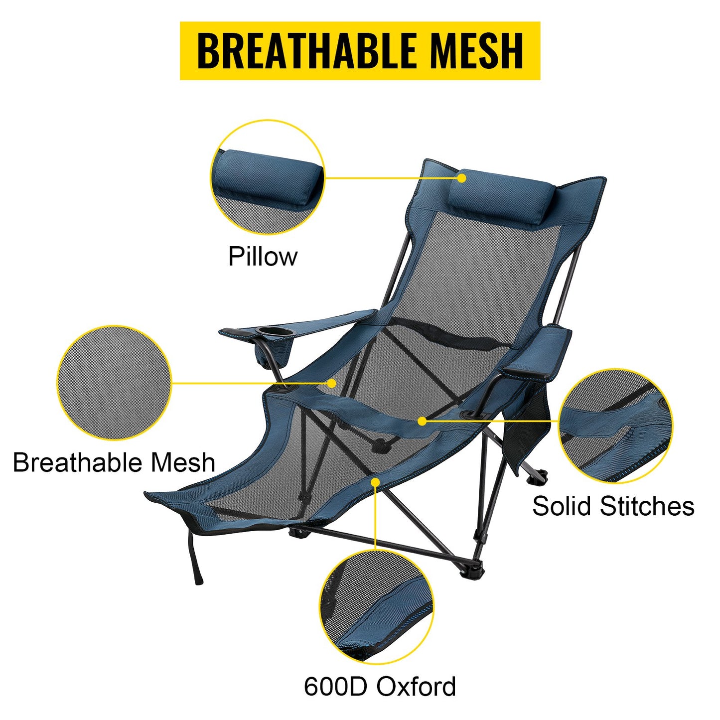 VEVOR Reclining Folding Camp Chair with Footrest Mesh Lounge Chaise