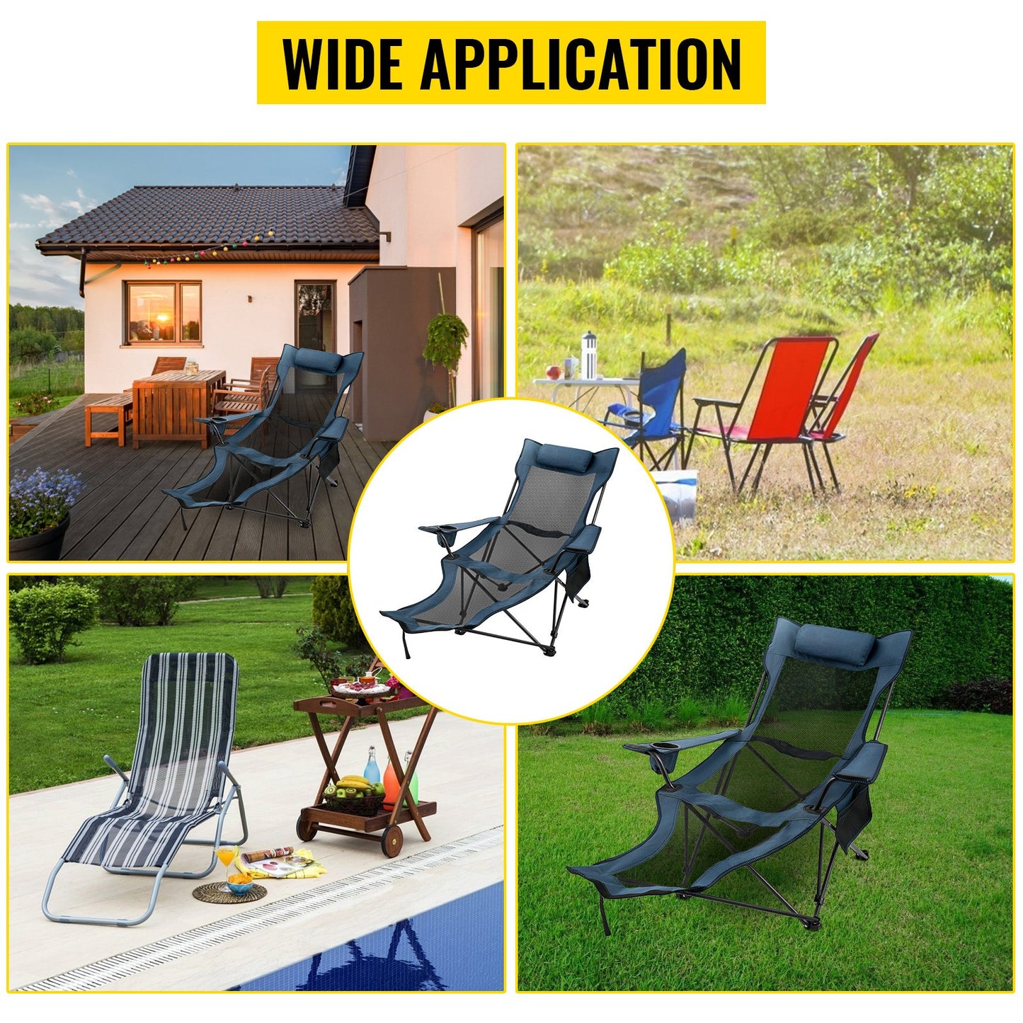 VEVOR Reclining Folding Camp Chair with Footrest Mesh Lounge Chaise