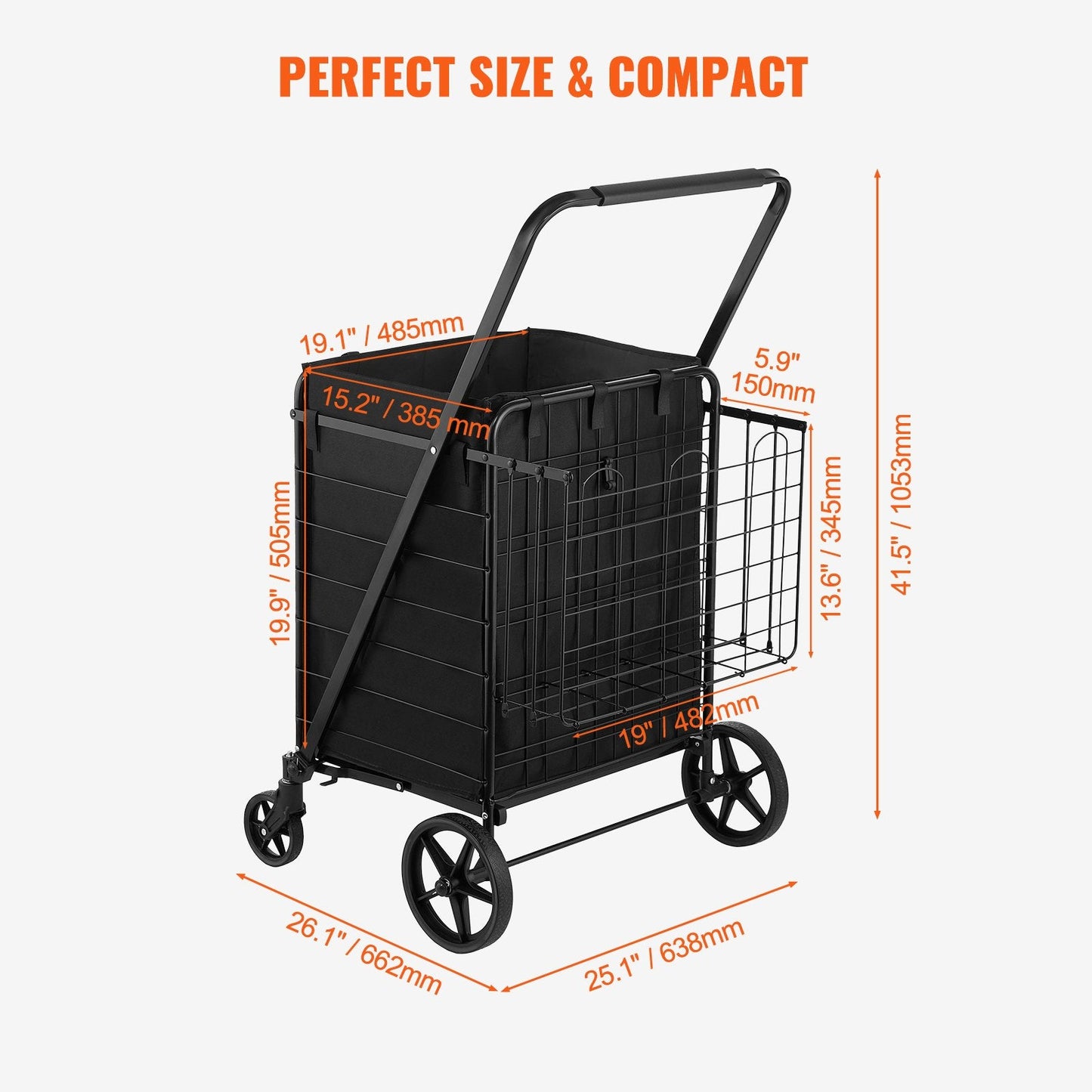 Folding Shopping Cart with Double Baskets, 150 kg Capacity, Easy to Store